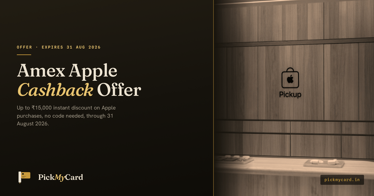 American Express India's Apple offer page confirming up to ₹15,000 instant cashback on Apple products, valid 16 July through 31 August 2026, for the Platinum Reserve, Platinum Charge, Platinum Travel, and Gold cards.