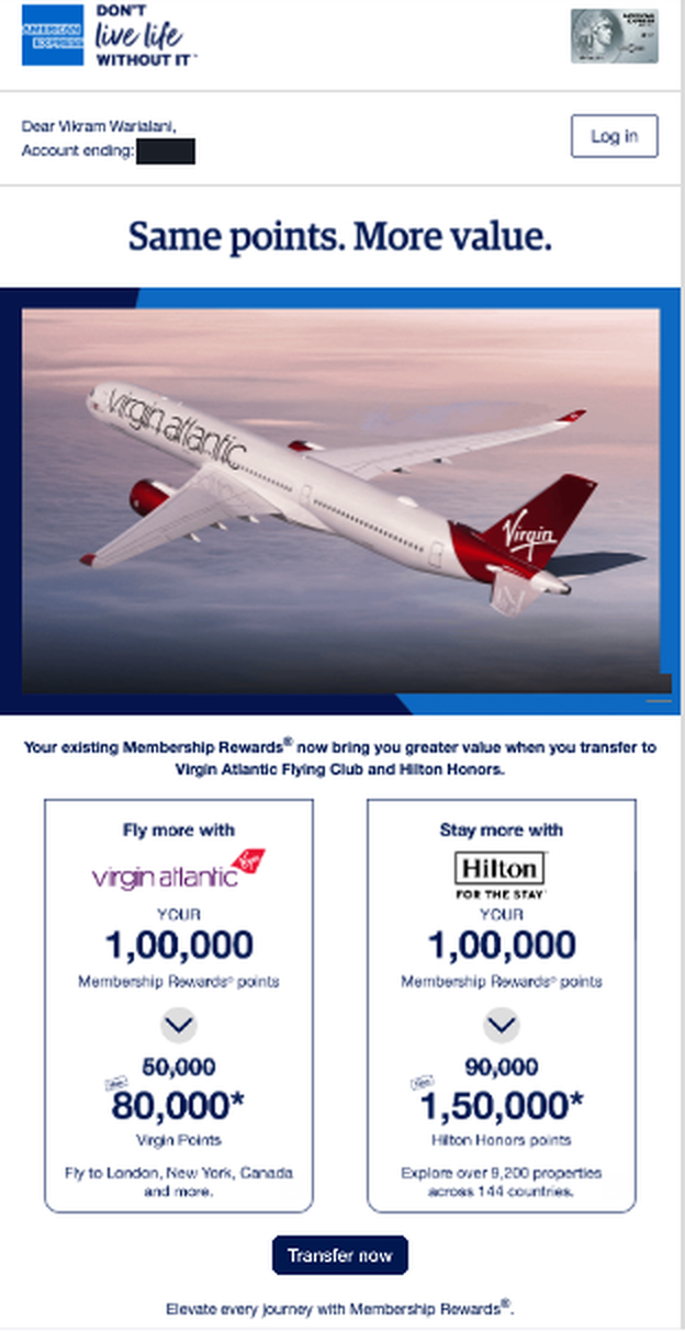 Screenshot of the American Express India Membership Rewards mailer dated 18 August 2026, headed Same points. More value., showing 1,00,000 Membership Rewards points converting to 80,000 Virgin Points with 50,000 struck through, and to 1,50,000 Hilton Honors points with 90,000 struck through.