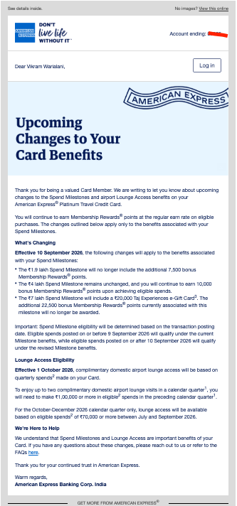 Screenshot of the American Express advance notice email dated 10 August 2026, headed Upcoming Changes to Your Card Benefits, setting out the spend milestone changes effective 10 September 2026 and the quarterly spend condition on complimentary domestic lounge access effective 1 October 2026.