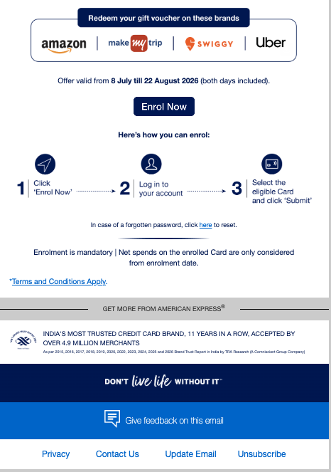 The enrolment steps and eligible redemption brands from the same offer email: Amazon, MakeMyTrip, Swiggy, and Uber, a three-step enrol flow (click Enrol Now, log in, select the eligible card and submit), and the line stating enrolment is mandatory and net spends only count from the enrolment date.