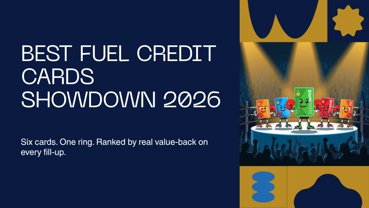 Cartoon-style hero banner showing five credit cards drawn as wrestlers facing off in a wrestling ring under gold spotlights, with the heading "Best Fuel Credit Cards Showdown 2026" on a deep navy background.