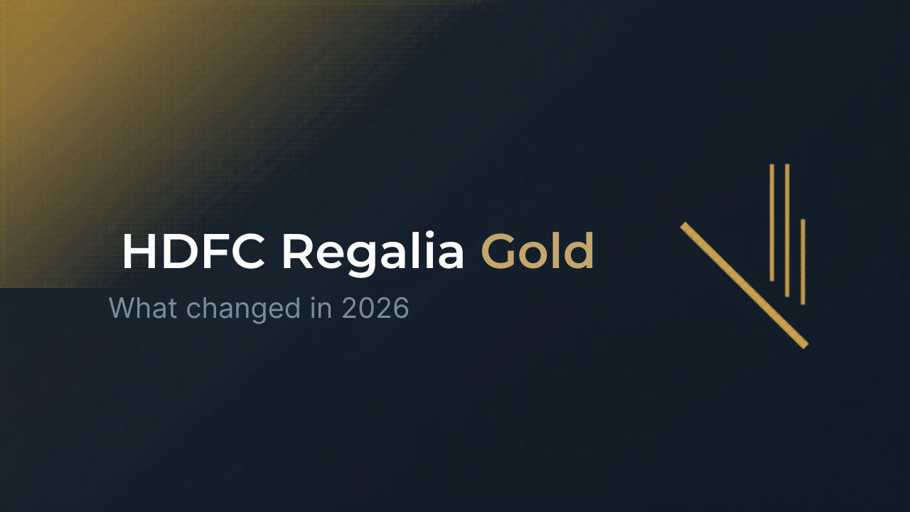 Editorial banner for the HDFC Regalia Gold 2026 changes, with "HDFC Regalia Gold" set in clean white and gold sans-serif type over a deep navy gradient, the subhead "What changed in 2026", and a motif of descending gold bars on the right signalling a downgrade.