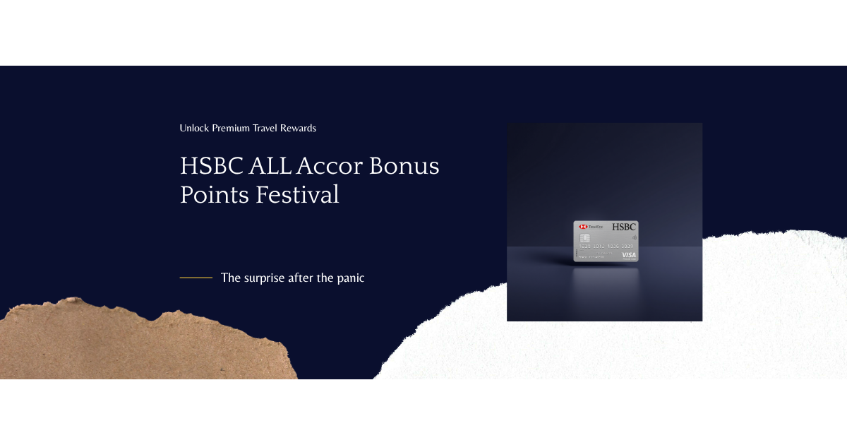 Blog hero banner for the HSBC ALL Accor Bonus Points Festival 2026, featuring the HSBC TravelOne credit card on a deep navy gradient with white heading text "HSBC ALL Accor Bonus Points Festival" and the ALL Accor logo.