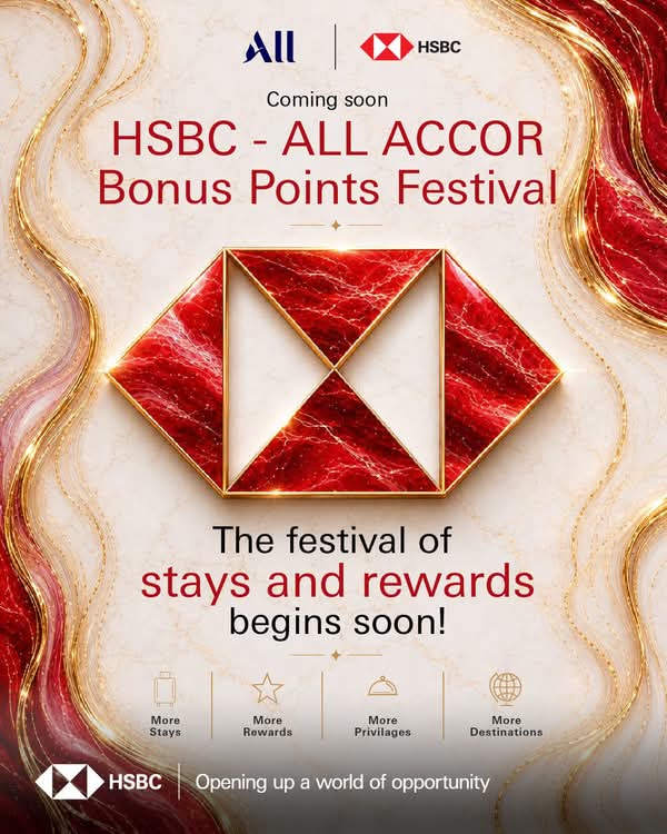 Official announcement image from HSBC India's Facebook page posted on 23 May 2026, showing the HSBC brand symbol on a luxury marble and gold background with the headline "HSBC - ALL ACCOR Bonus Points Festival" and the tagline "The festival of stays and rewards begins soon!".