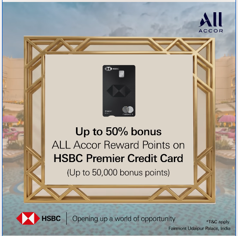HSBC campaign creative in a gold art-deco frame showing a black HSBC Premier credit card, reading "Up to 50% bonus ALL Accor Reward Points on HSBC Premier Credit Card (Up to 50,000 bonus points)".