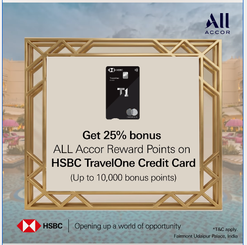 HSBC campaign creative in a gold art-deco frame showing the black HSBC TravelOne credit card, reading "Get 25% bonus ALL Accor Reward Points on HSBC TravelOne Credit Card (Up to 10,000 bonus points)".