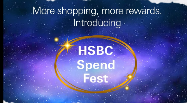 HSBC India's official HSBC Spend Fest reveal creative: white heading text "More shopping, more rewards. Introducing" above a gold sparkle ring reading "HSBC Spend Fest" on a deep navy and purple starfield.