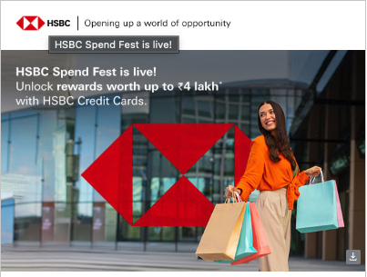 HSBC Spend Fest "is live" announcement, confirming the campaign is active and advertising rewards worth up to ₹4 lakh with HSBC Credit Cards on achieving spend milestones.