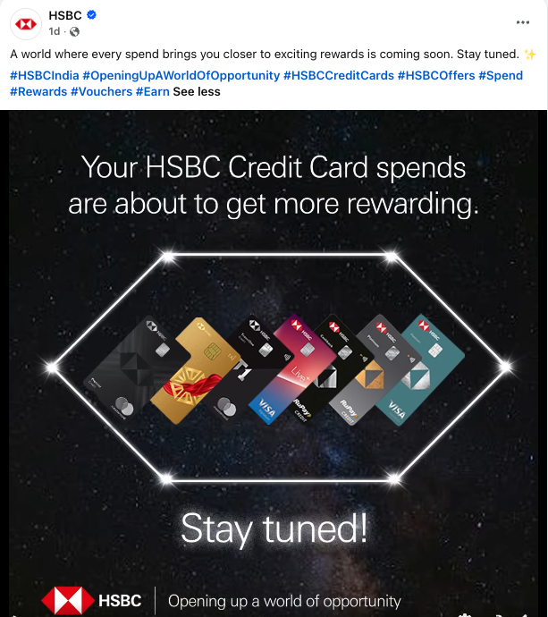 Still from HSBC India's official teaser video for the Spend Fest, showing six HSBC credit cards fanned inside a glowing diamond outline on a starfield, with the headline "Your HSBC Credit Card spends are about to get more rewarding" and the words "Stay tuned!" below.