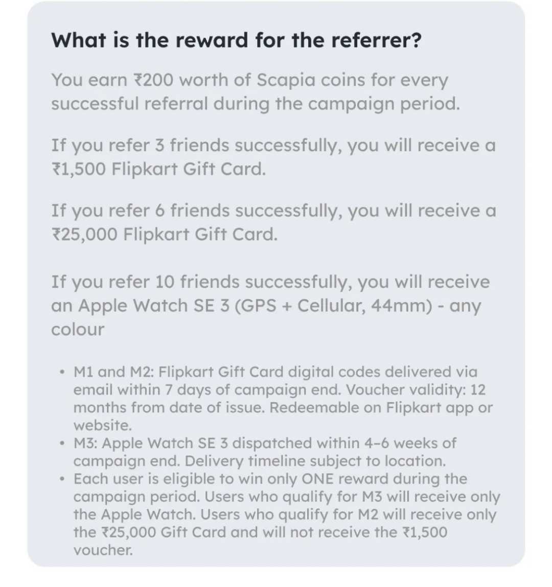 Scapia in-app Refer and Earn banner showing the reward tiers: ₹200 Scapia Coins per referral, ₹1,500 Flipkart Gift Card at 3 referrals, ₹25,000 Flipkart Gift Card at 6 referrals, and Apple Watch SE 3 at 10 referrals.