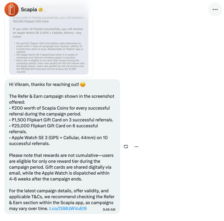 Screenshot of Scapia support conversation confirming the Refer and Earn offer details, tiers, and terms in June 2026.