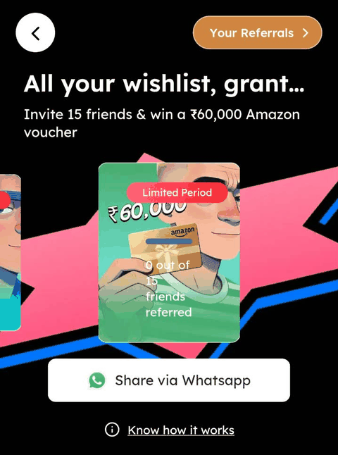 Scapia in-app Milestone 3 screen: invite 15 friends and win a ₹60,000 Amazon voucher. Limited Period, 0 out of 15 friends referred.