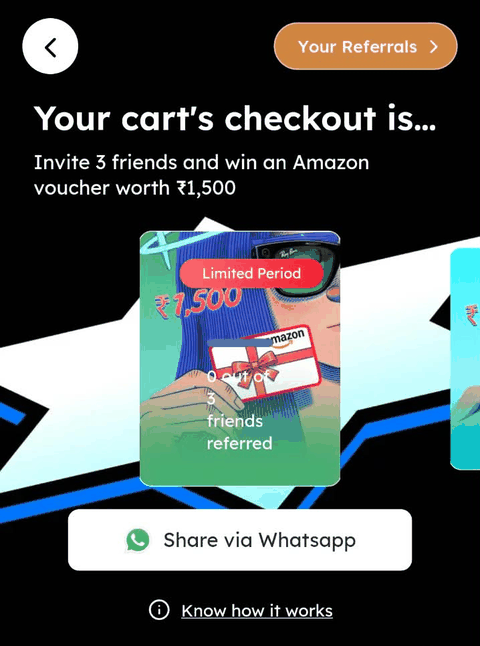 Scapia in-app Milestone 1 screen: invite 3 friends and win an Amazon voucher worth ₹1,500. Limited Period, 0 out of 3 friends referred.