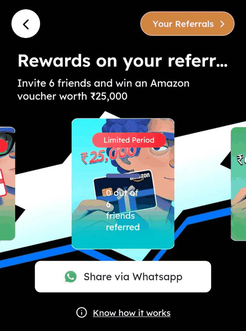 Scapia in-app Milestone 2 screen: invite 6 friends and win an Amazon voucher worth ₹25,000. Limited Period, 0 out of 6 friends referred.