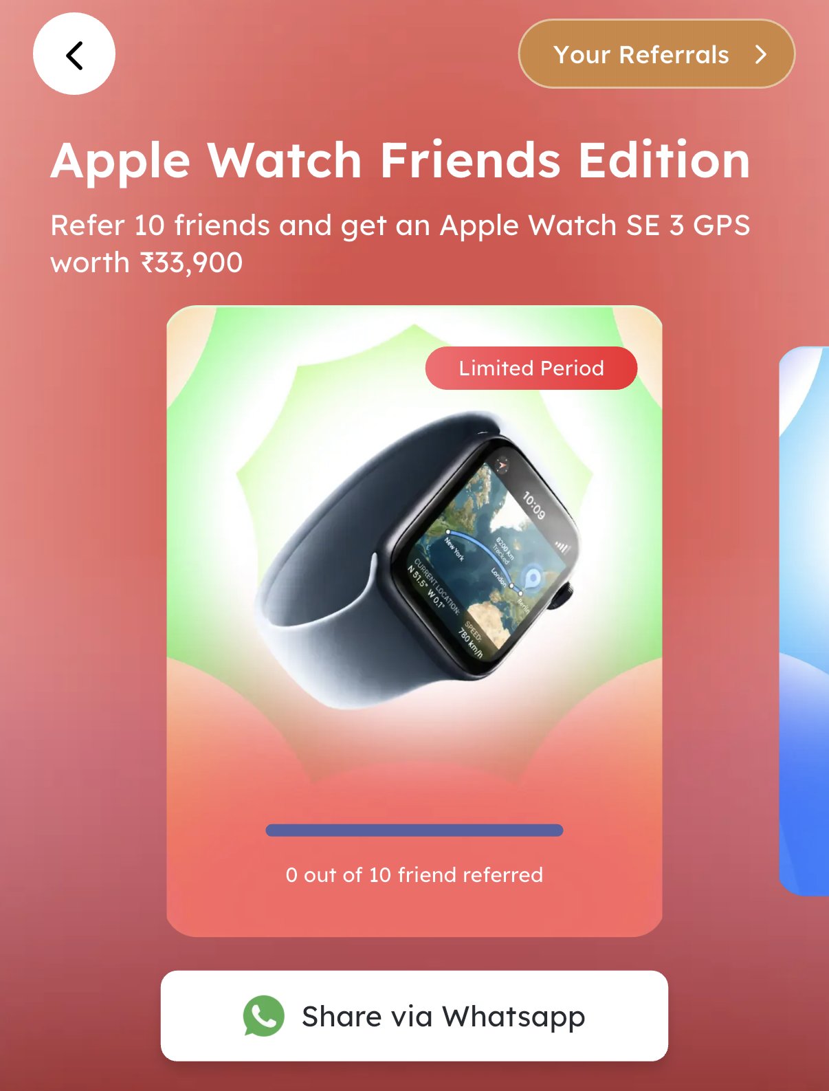 Scapia in-app milestone screen: Apple Watch Friends Edition. Refer 10 friends and get an Apple Watch SE 3 GPS worth 33,900 rupees. Limited Period tag visible.