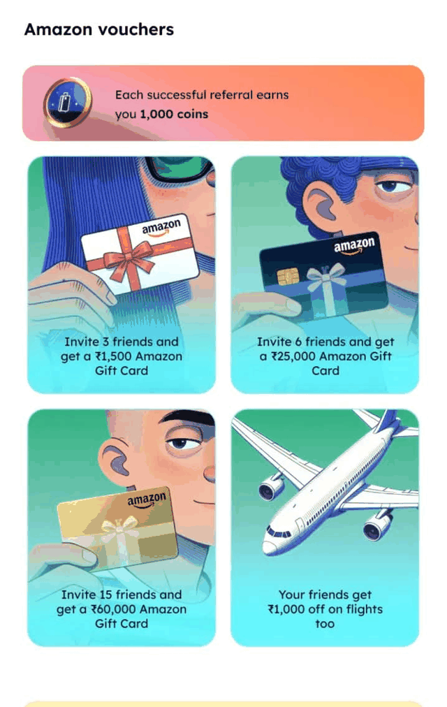 The Scapia in-app reward grid for September 2026: a ₹1,500 Amazon Gift Card at 3 friends, ₹25,000 at 6 friends, ₹60,000 at 15 friends, a ₹1,000 flight discount for friends, and 1,000 coins per successful referral.