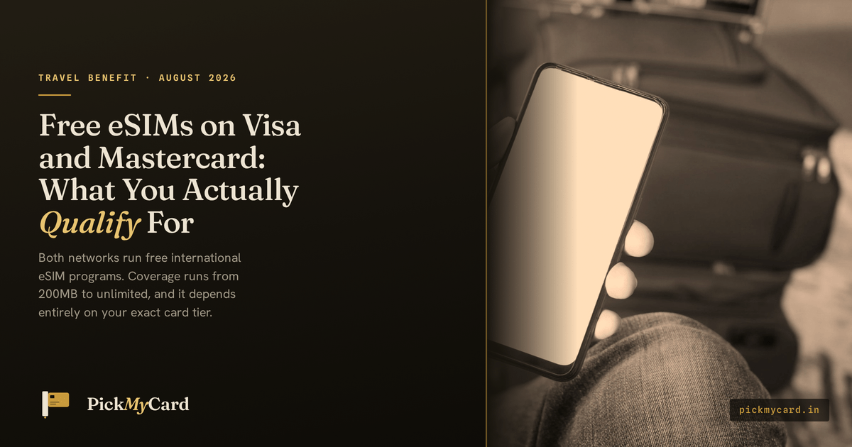 Traveler checking a phone screen next to airport luggage: Visa and Mastercard both run free international eSIM programs through partners, and how much data you get, from 200MB to unlimited, depends entirely on the exact card tier printed on the card.